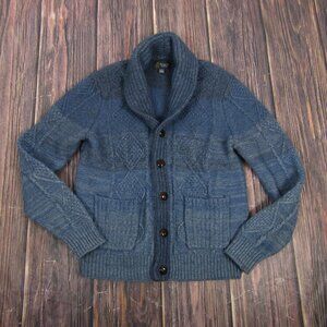 WALLIN & Bros Blue Cable Knit Shawl Collar Cardigan Sweater Size M Lambs Wool